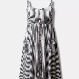 Torrid - Midi Linen Pocket Button Front Sundress - Blue Striped